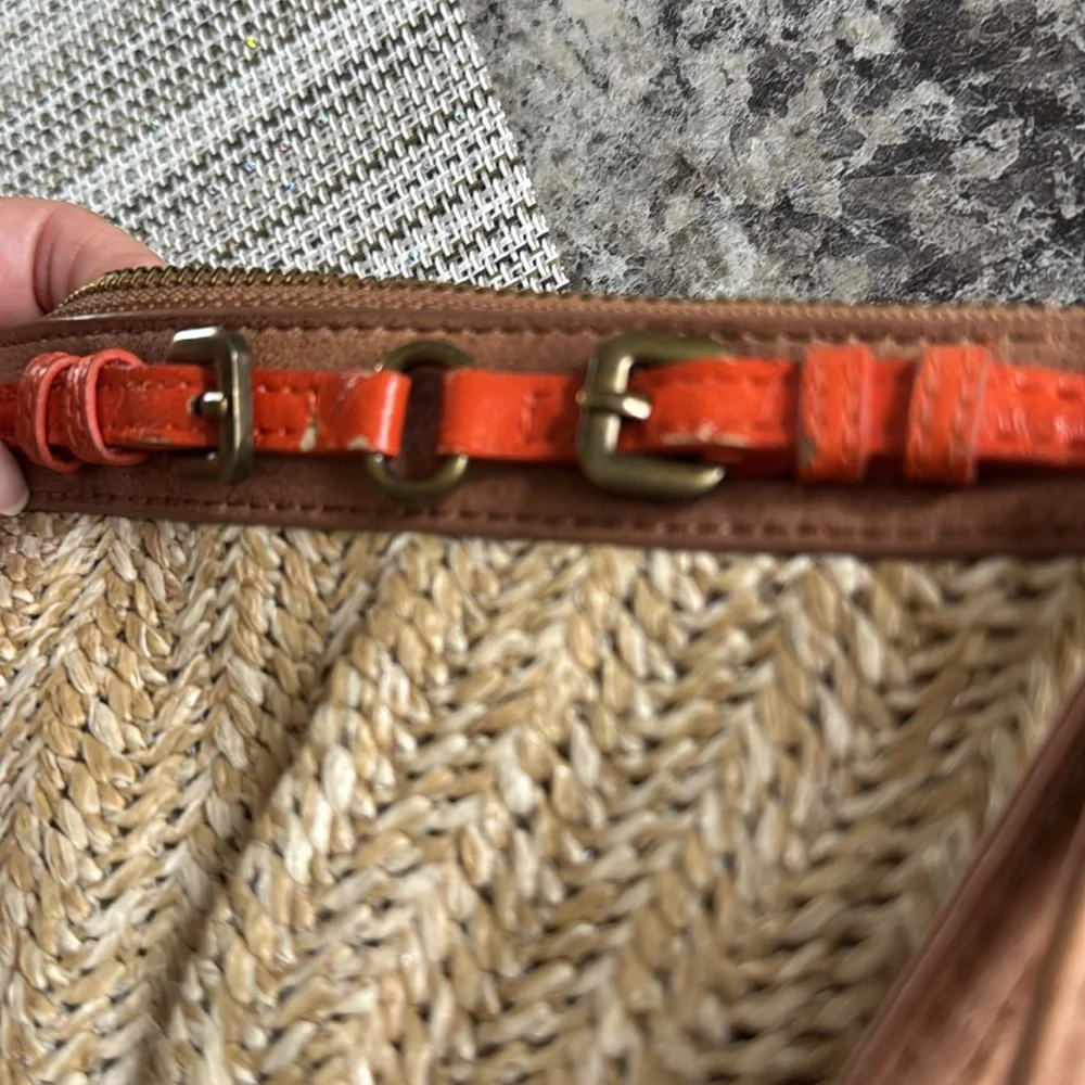 Express Women’s Woven Straw Wrislet Orange Brown Buckle Detail Summer Clutch